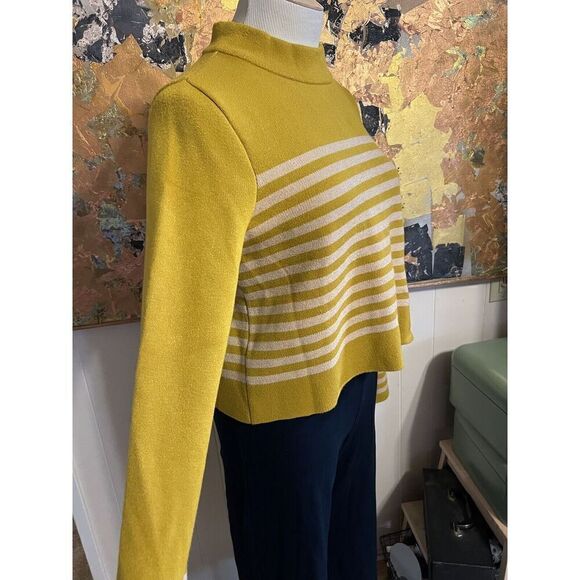 Moth Anthropologie Womens L Mock Neck Sweater Mustard Stripe Crop Bell Sleeves - Picture 5 of 7
